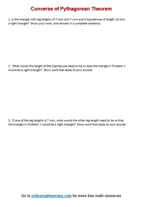 Students working through geometry problems using the converse of the Pythagorean theorem to determine if triangles are right triangles on an eighth grade worksheet