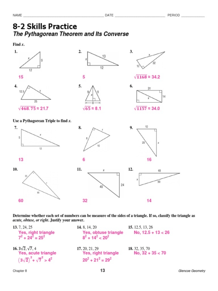 Eighth grade geometry worksheet focused on identifying right triangles using the converse of the Pythagorean theorem
