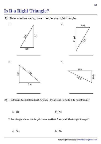 Students using the converse of the Pythagorean theorem to determine whether triangles are right triangles on a geometry practice worksheet