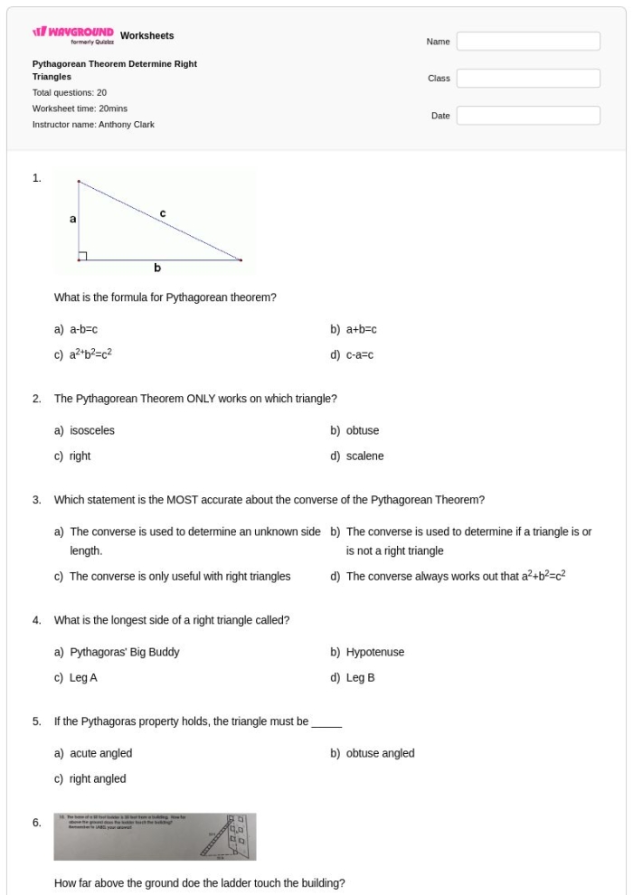 Can You Make a Right Triangle Converse of the Pythagorean Theorem Worksheet 23 Three triangles with side lengths displayed, used to practice identifying right triangles with the converse of the Pythagorean theorem for eighth grade math