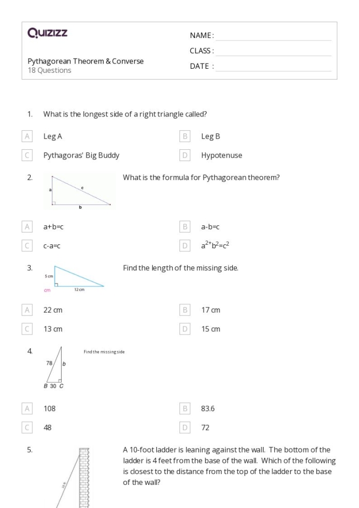 Can You Make a Right Triangle Converse of the Pythagorean Theorem Practice Problem 8 Eighth grade math worksheet showing triangle side lengths with students determining if they form right triangles using the converse of the Pythagorean theorem