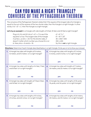 Number Theory worksheet for Eighth Grade Can You Make a Right Triangle? Converse of the Pythagorean Theorem worksheet for Eighth Grade