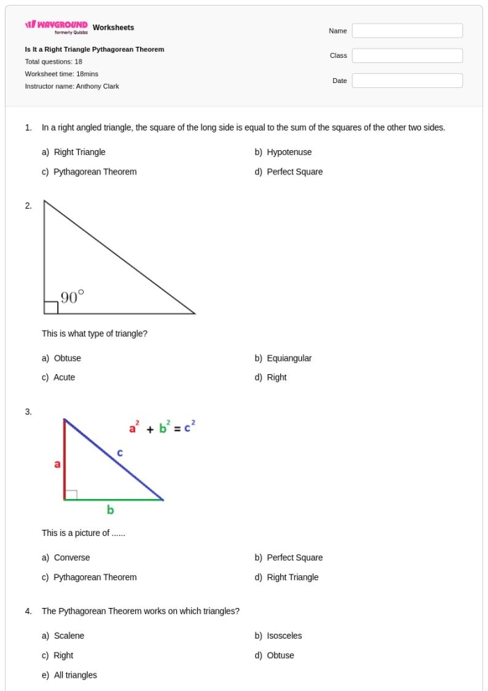 Converse of the Pythagorean Theorem Practice Worksheet 13 Eighth grade math worksheet showing problems on identifying right triangles using the converse of the Pythagorean theorem