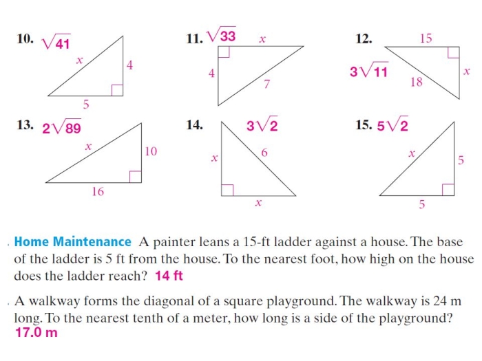 Practice worksheet showing triangle measurements and calculations for identifying right triangles using the Pythagorean theorem converse Eighth-grade student working through converse of the Pythagorean theorem problems to determine if triangles are right triangles