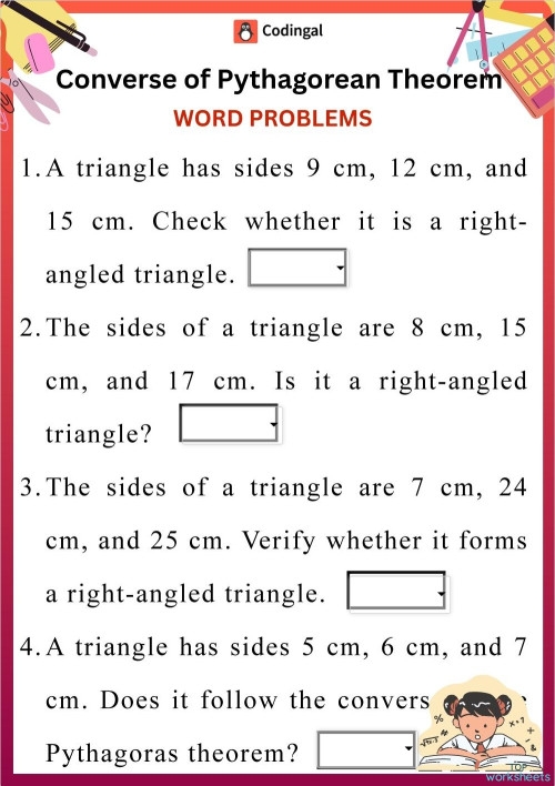Sample problems demonstrating how to determine if triangles are right triangles using the converse theorem Three triangles with labeled side lengths showing examples for testing the converse of the Pythagorean theorem in an eighth-grade math worksheet