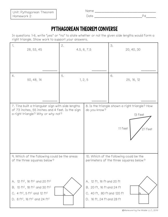 Can You Make a Right Triangle worksheet example 12 showing triangle classification practice Eighth grade student working through converse Pythagorean theorem problems to determine which triangles are right triangles