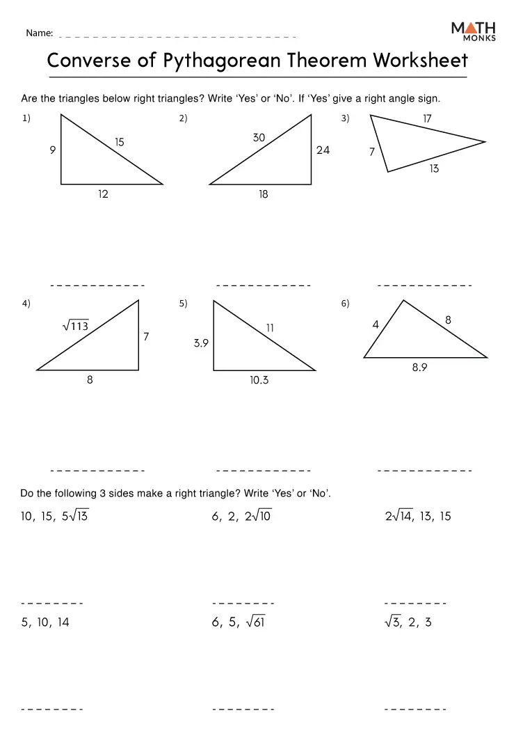 Eighth grade math worksheet focusing on using the converse of the Pythagorean theorem to classify triangles