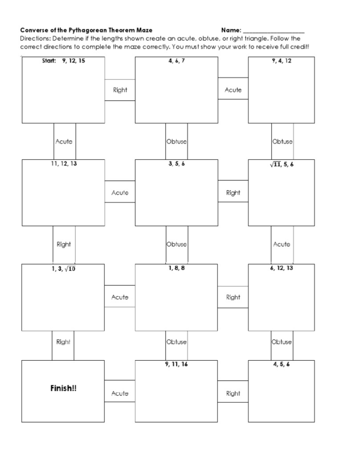 Converse of the Pythagorean Theorem Practice Worksheet 5 Eighth grade math worksheet focusing on using the converse of the Pythagorean theorem to classify triangles