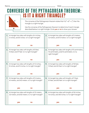 Using the Converse of the Pythagorean Theorem to Identify Right Triangles Worksheet 22 Eighth grade math worksheet focusing on determining if triangle side lengths satisfy the Converse of the Pythagorean Theorem.