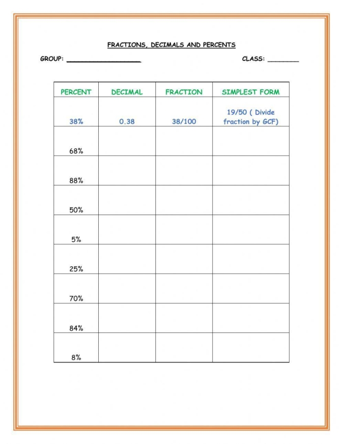 Converting Decimals to Percents Practice Sheet 17 Fourth grade math worksheet for practicing how to convert between decimals and percents