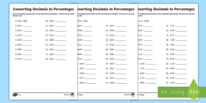 Converting Decimals to Percents Practice Sheet 25 Fourth grade math worksheet showing decimal to percent conversion practice problems with visual examples