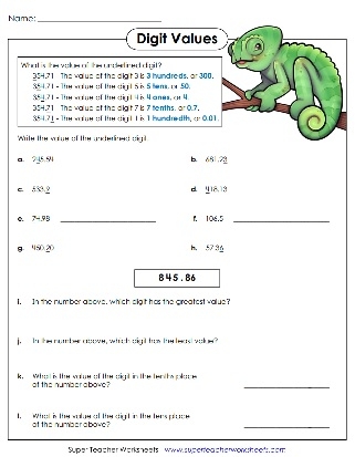 Math practice page for fourth graders focusing on decimal and fraction equivalence in the hundredths place Fourth grade worksheet teaching students how to convert fractions into decimals at the hundredths place