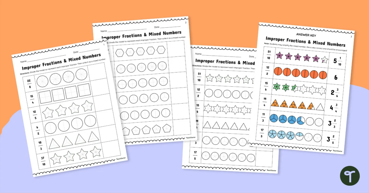 Subtraction worksheet for Fourth Grade Kramster eagerly awaits its meal as kids solve improper fractions to mixed numbers. Worksheet on converting improper fractions for fourth graders featuring hungry Kramsters.