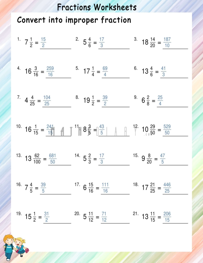 Engaging fourth-grade activity for mastering improper fractions and mixed numbers. Colorful worksheet for converting improper fractions to mixed numbers with fun shapes to color.
