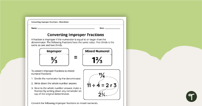 Converting Improper Fractions to Mixed Numbers Fourth Grade Worksheet 1 Fourth grade student practicing converting improper fractions to mixed numbers and coloring shapes on a math worksheet