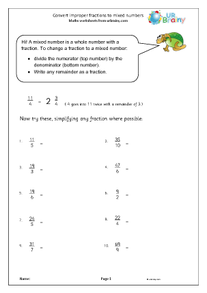 Worksheet on converting improper fractions for fourth graders featuring a hungry Kramster Kramster eagerly anticipating its meal while solving improper fractions to mixed numbers problems