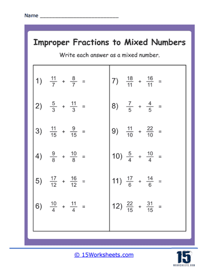 Worksheet for converting improper fractions to mixed numbers featuring a hungry Kramster Kramster solving an improper fractions worksheet to find how many pellets to share