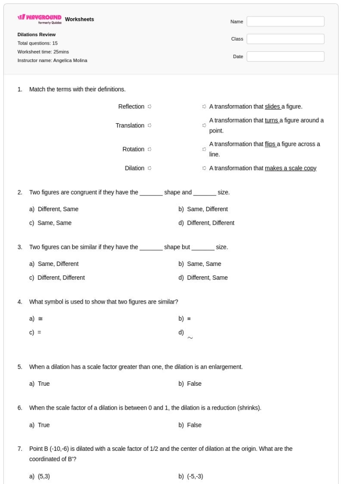 Visual aid for the Describing Dilations worksheet, image 3 Eighth-grade geometry worksheet focusing on understanding dilations in the coordinate plane