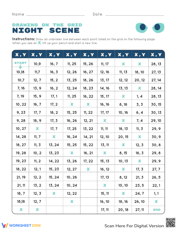 Fifth grade students plotting coordinates on a grid to uncover a night scene mystery picture in this graphing worksheet activity