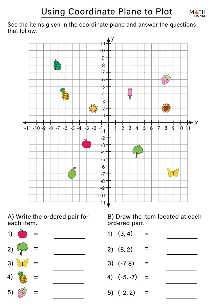 Fifth grade student plotting points and moving shapes on a coordinate grid worksheet