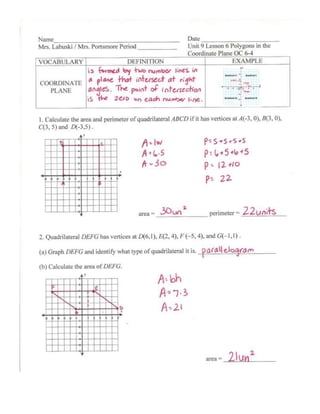 Sixth grade students plotting polygon vertices on a coordinate grid worksheet activity