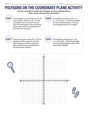 Sixth grade geometry worksheet featuring polygon shapes plotted on a coordinate plane grid
