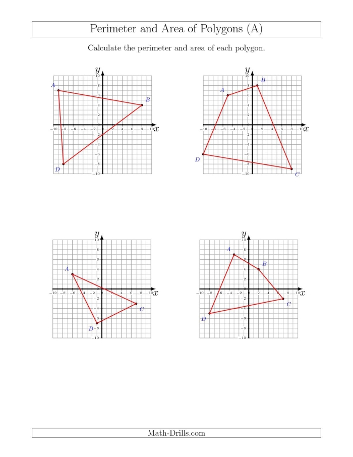 Sixth grade math worksheet featuring geometry exercises with polygons plotted on a coordinate plane