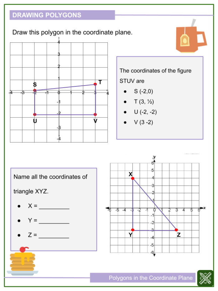 Sixth grade students solving a geometry worksheet about polygons plotted on a coordinate plane