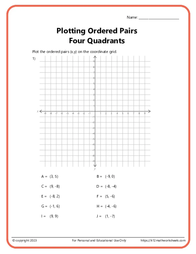 Worksheet featuring the coordinate plane and quadrants for sixth graders to practice plotting points