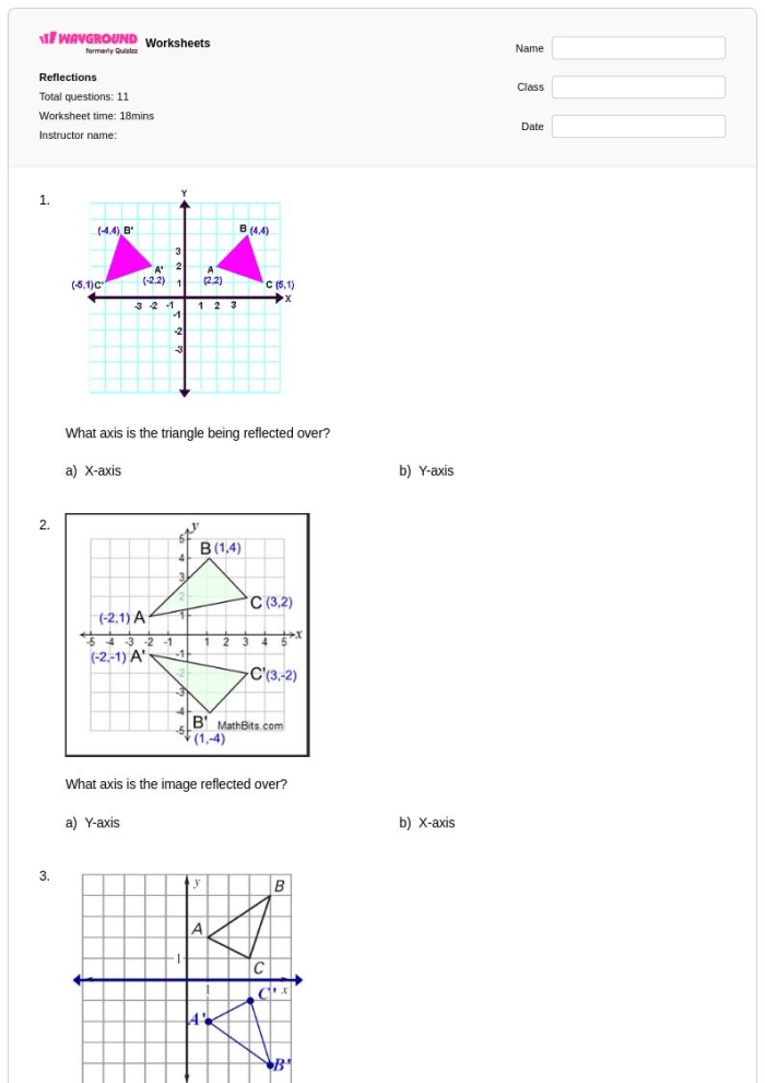 Describing Reflections worksheet for enhancing subtraction skills in geometry Eighth-grade geometry worksheet focused on understanding reflections in the coordinate plane