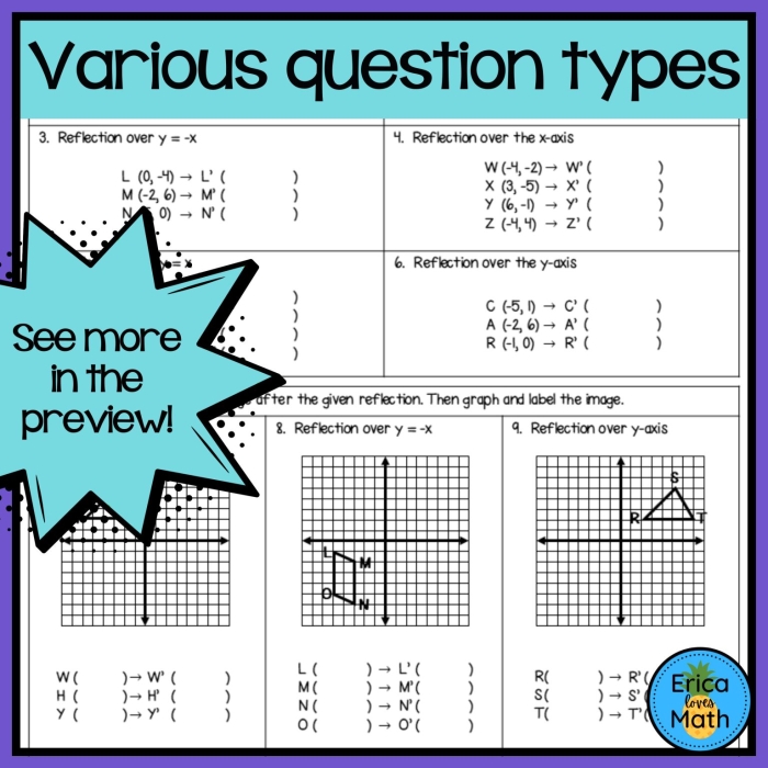 Eighth grade geometry worksheet featuring coordinate plane reflections and graphing exercises