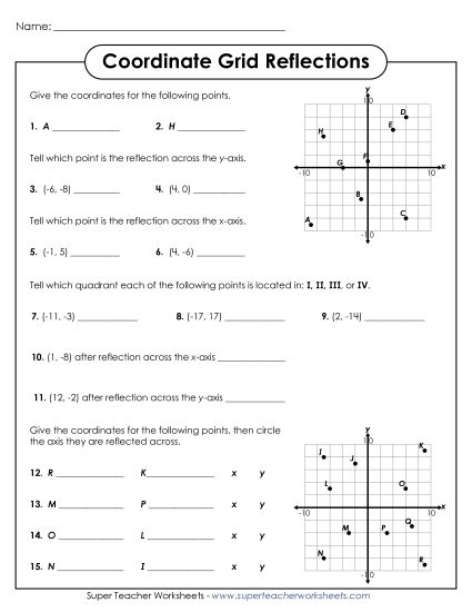 Eighth grade geometry worksheet featuring coordinate plane reflection practice problems