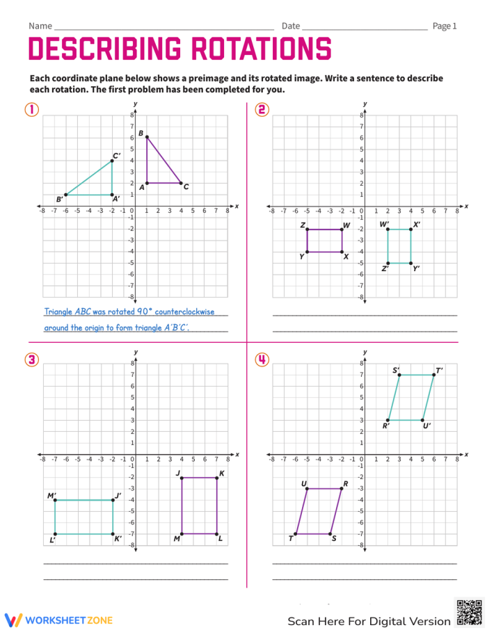Eighth grade geometry worksheet showing coordinate plane with reflected shapes across axes and lines for transformations practice