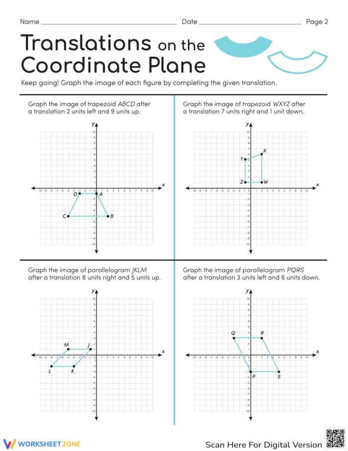 Eighth grade geometry worksheet showing coordinate plane with reflected shapes across x and y axes for learning transformations