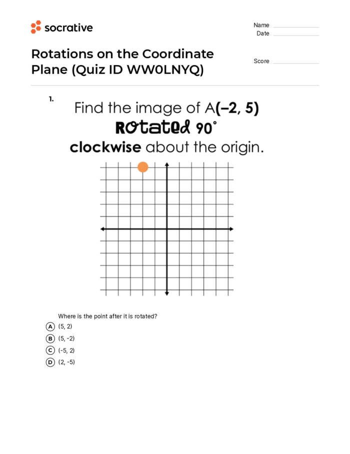 Worksheet demonstrating rotations of figures on the coordinate plane for eighth graders