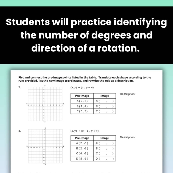 Eighth-grade worksheet illustrating rotations of figures on a coordinate plane