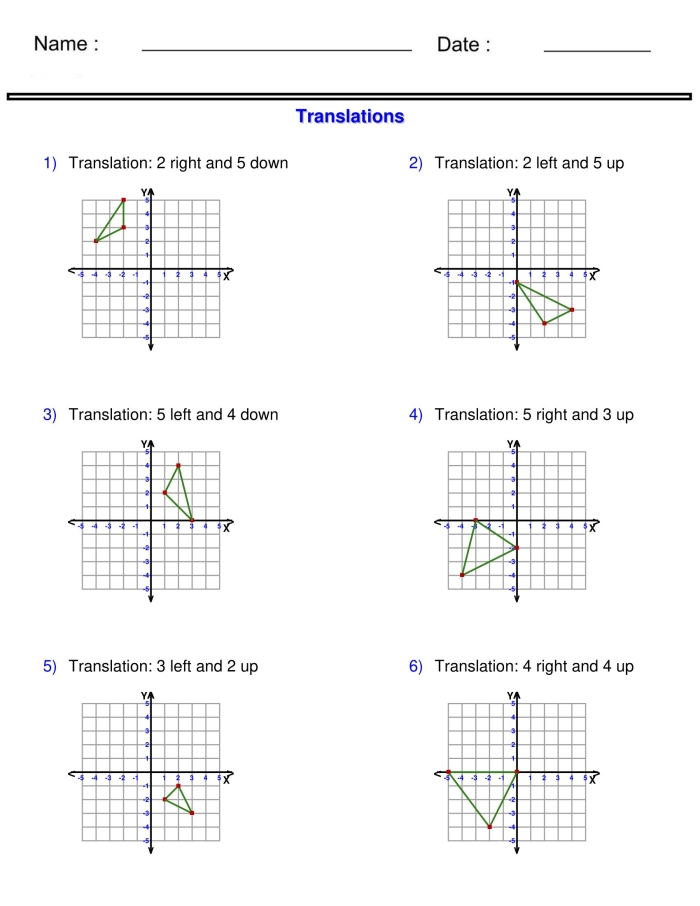 Describing Translations Geometry Practice Sheet 13 Eighth grade worksheet for describing translations of shapes on a coordinate plane