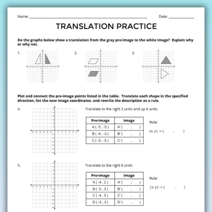 Eighth grade geometry worksheet featuring practice problems for graphing figure translations on a coordinate plane