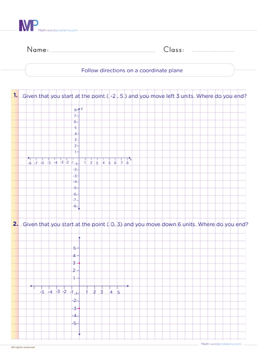 Fifth grade student solving coordinate plane word problems on a graph worksheet