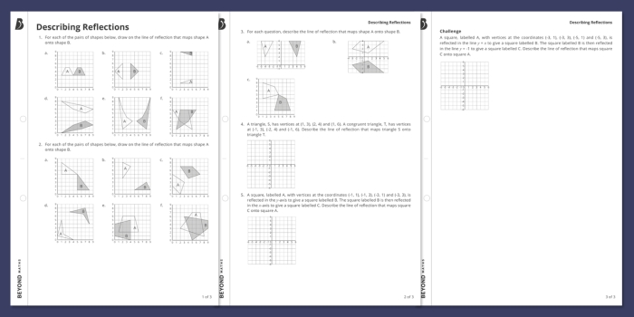 Describing Reflections Geometry Worksheet 22 Eighth grade geometry worksheet featuring coordinate plane reflections and subtraction problems
