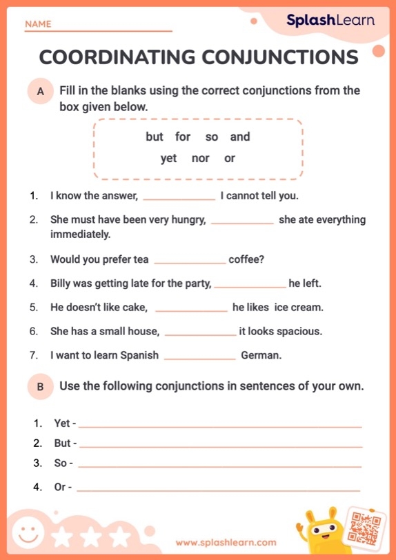 Fourth grade students practice coordinating conjunctions with colorful aquarium and sea creature illustrations on this grammar worksheet