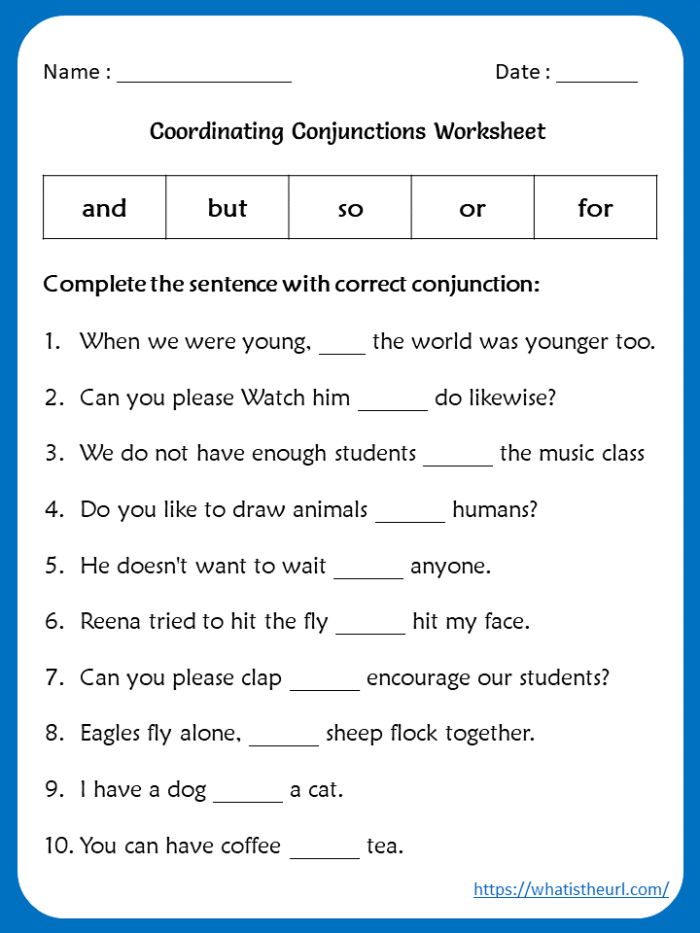 Fourth Grade Handwriting: Combining Sentences with Coordinating Conjunctions Worksheet Worksheet showcasing the use of coordinating conjunctions for sentence combining