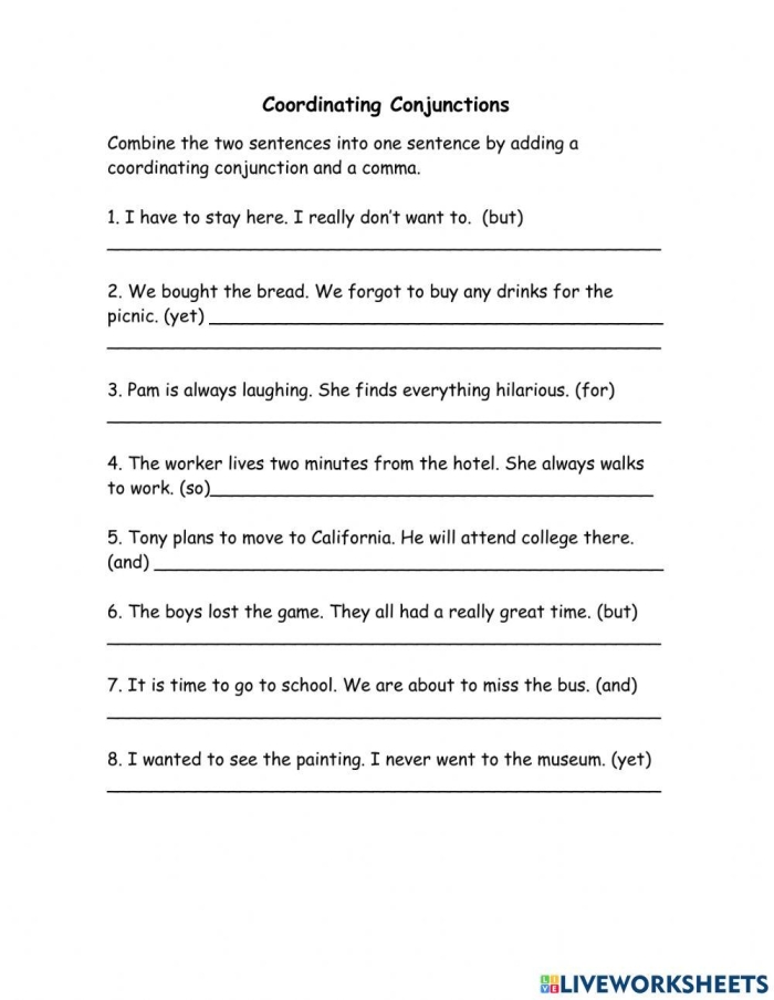 Third grade grammar worksheet featuring food-themed sentences for practicing coordinating conjunctions