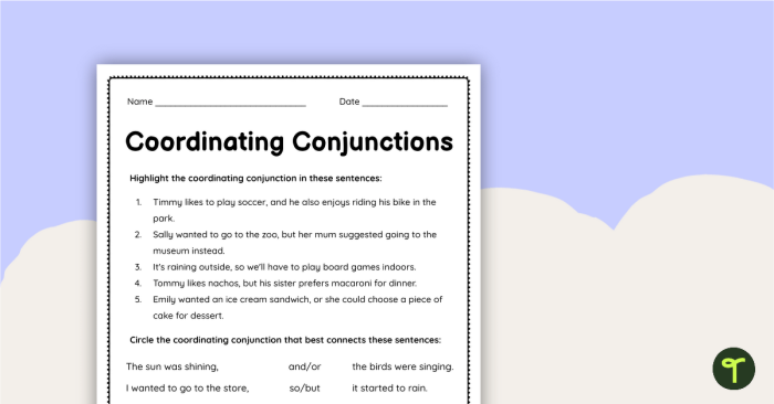 Third grade grammar worksheet focused on connecting food sentences with coordinating conjunctions