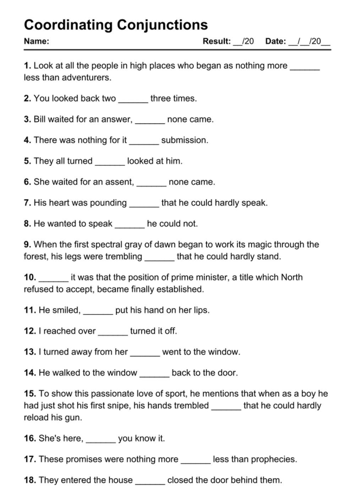 Third grade grammar worksheet focused on using coordinating conjunctions with food themes