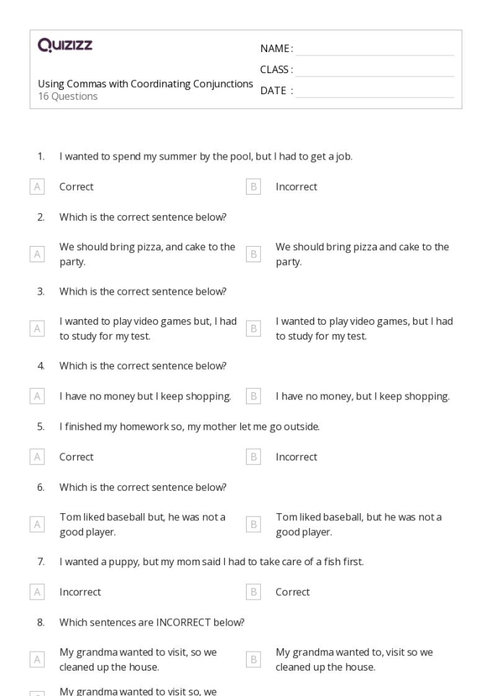 Third grade grammar worksheet showing coordinating conjunctions used in sentences about food items and meals