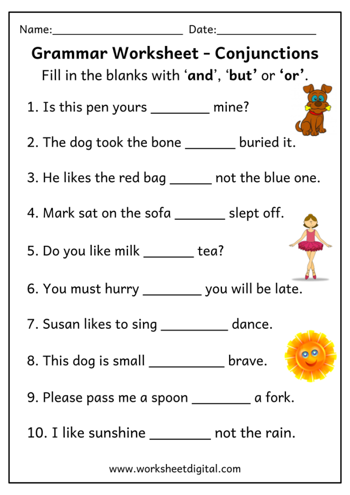 Third grade grammar worksheet showing sentences with food items and coordinating conjunctions like and, but, or, and so for students to practice combining ideas