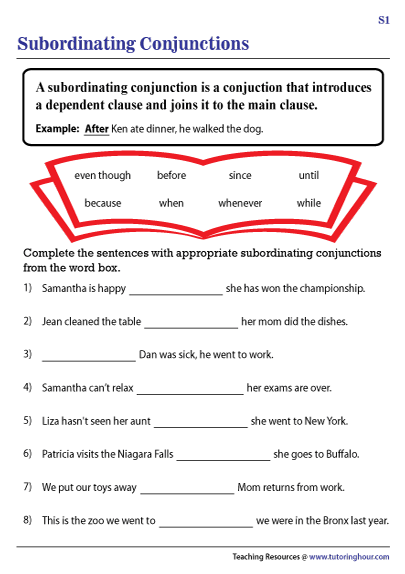 Third grade grammar worksheet showing food-themed sentences with coordinating conjunctions like and, but, and or