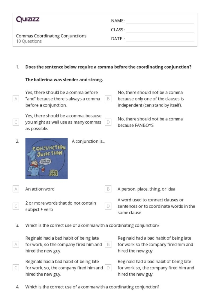 Third grade grammar worksheet showing coordinating conjunctions used in sentences about food items and eating