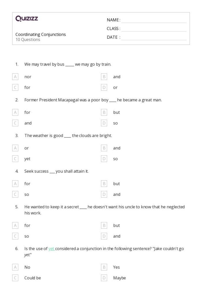 Third grade grammar worksheet showing sentences with food items and coordinating conjunctions like and, but, and or for students to practice